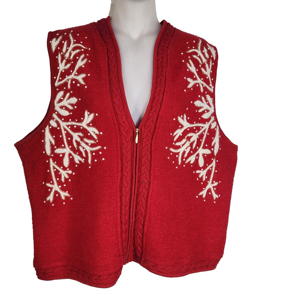 Coldwater Creek Womens Snowflake Sweater Vest 100% Wool Red Zip Front Holiday XL - Picture 1 of 10
